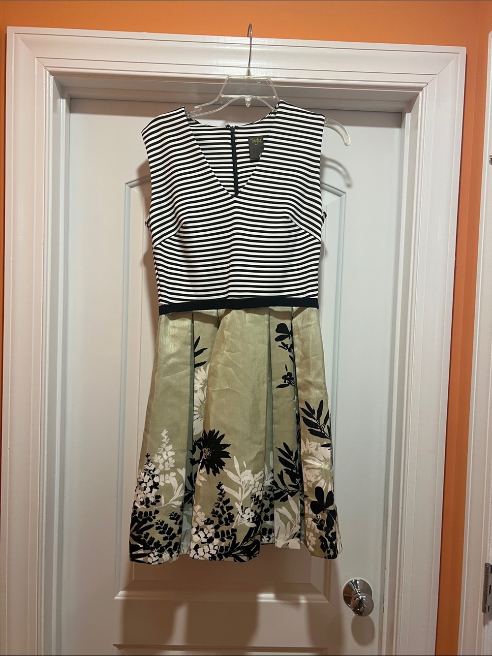 Taylor Black & White Striped Bodice with Olive Floral Dress